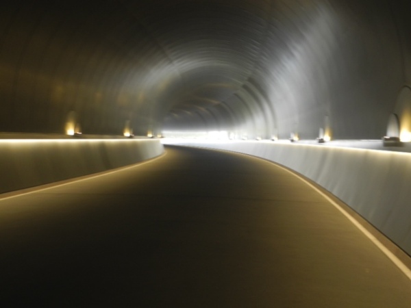 Stainless steel tunnel leading to the Miho Museum